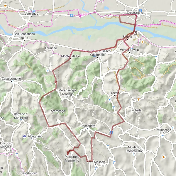 Miniatura della mappa di ispirazione al ciclismo "Giri in Gravel intorno a Crescentino" nella regione di Piemonte, Italy. Generata da Tarmacs.app, pianificatore di rotte ciclistiche