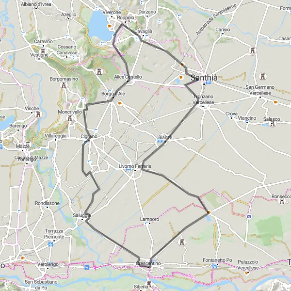 Zemljevid v pomanjšavi "Cestna avantura iz Crescentina" kolesarske inspiracije v Piemonte, Italy. Generirano z načrtovalcem kolesarskih poti Tarmacs.app