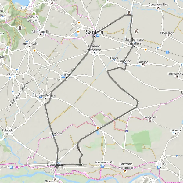 Zemljevid v pomanjšavi "Pot do Livorna Ferraris" kolesarske inspiracije v Piemonte, Italy. Generirano z načrtovalcem kolesarskih poti Tarmacs.app