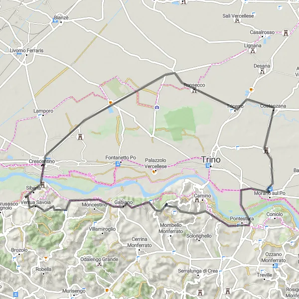 Miniatura della mappa di ispirazione al ciclismo "Alla Scoperta del Basso Monferrato" nella regione di Piemonte, Italy. Generata da Tarmacs.app, pianificatore di rotte ciclistiche