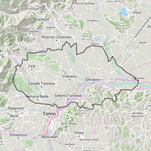 Miniature de la carte de l'inspiration cycliste "Expédition à travers les Collines Canavesanes" dans la Piemonte, Italy. Générée par le planificateur d'itinéraire cycliste Tarmacs.app