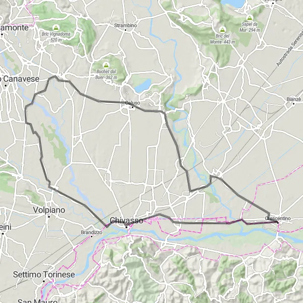 Map miniature of "Strada Romantica tra Crescentino e Saluggia" cycling inspiration in Piemonte, Italy. Generated by Tarmacs.app cycling route planner