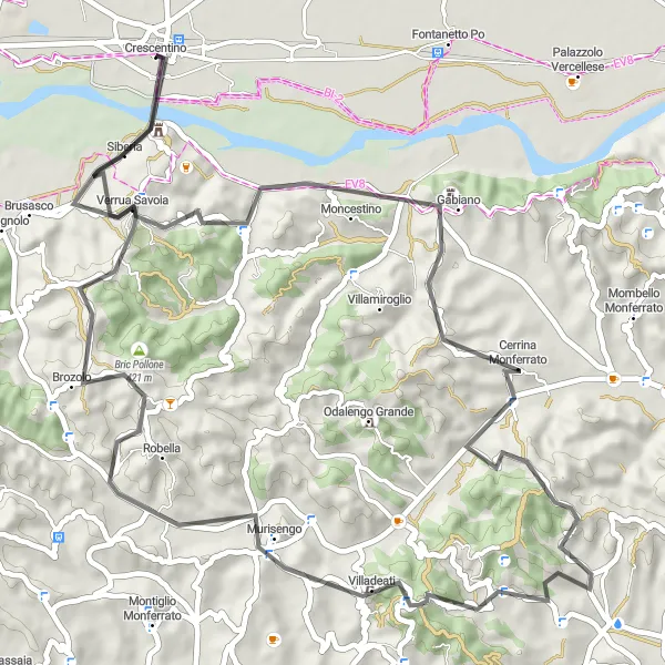 Mapa miniatúra "Cyklistická trasa okolo Crescentina" cyklistická inšpirácia v Piemonte, Italy. Vygenerované cyklistickým plánovačom trás Tarmacs.app