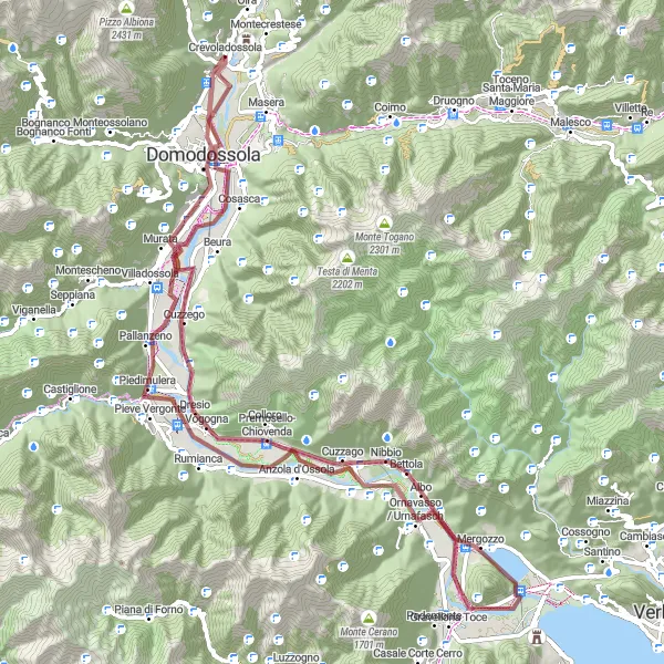 Map miniature of "Gravel Adventure through Cuzzego and Domodossola" cycling inspiration in Piemonte, Italy. Generated by Tarmacs.app cycling route planner