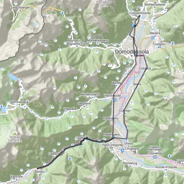 Miniaturní mapa "Krajinami Valle Ossoly" inspirace pro cyklisty v oblasti Piemonte, Italy. Vytvořeno pomocí plánovače tras Tarmacs.app