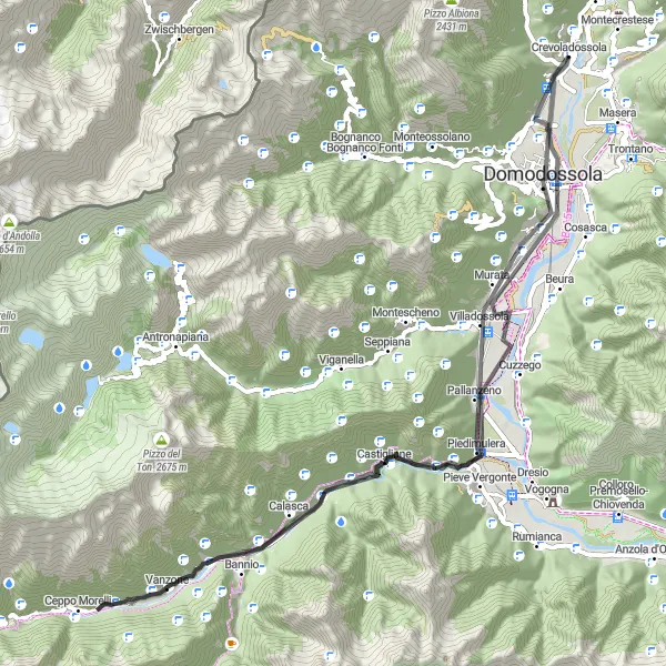 Miniature de la carte de l'inspiration cycliste "Exploration de Cuzzego" dans la Piemonte, Italy. Générée par le planificateur d'itinéraire cycliste Tarmacs.app