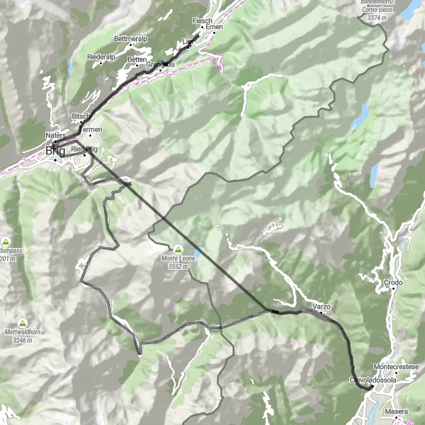 Miniatua del mapa de inspiración ciclista "Ruta épica a través de Simplon Pass" en Piemonte, Italy. Generado por Tarmacs.app planificador de rutas ciclistas