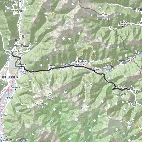 Kartminiatyr av "Utforskende Alpeveier" sykkelinspirasjon i Piemonte, Italy. Generert av Tarmacs.app sykkelrutoplanlegger