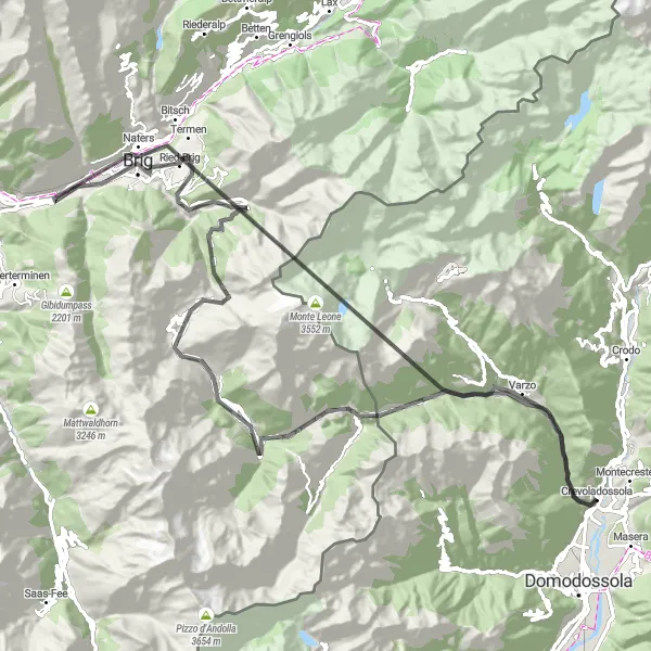 Miniaturekort af cykelinspirationen "Spectacular Mountain Cycling to Simplon Pass" i Piemonte, Italy. Genereret af Tarmacs.app cykelruteplanlægger