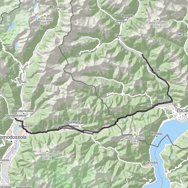 Miniaturní mapa "Velký okruh přes Borgnone a Ponte Brolla" inspirace pro cyklisty v oblasti Piemonte, Italy. Vytvořeno pomocí plánovače tras Tarmacs.app