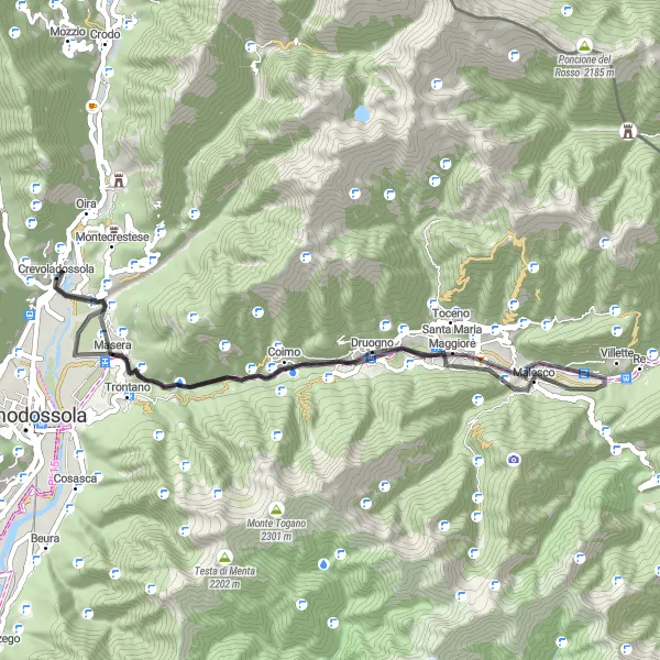 Kartminiatyr av "Druogno - Crevoladossola cykeltur" cykelinspiration i Piemonte, Italy. Genererad av Tarmacs.app cykelruttplanerare