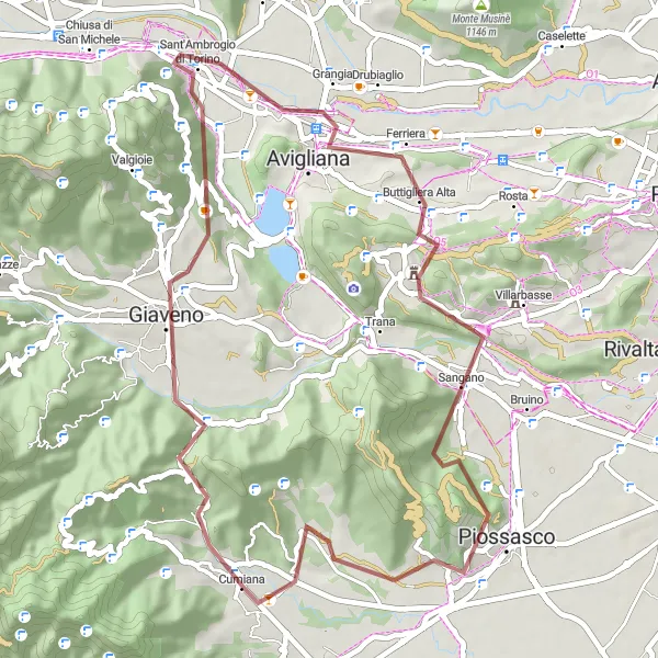 Miniaturní mapa "Gravelový okruh kolem Colletta di Cumiana" inspirace pro cyklisty v oblasti Piemonte, Italy. Vytvořeno pomocí plánovače tras Tarmacs.app