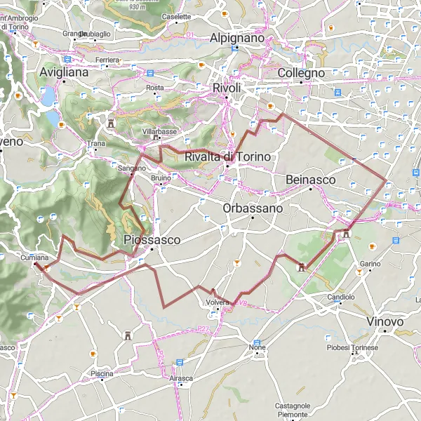 Miniatura della mappa di ispirazione al ciclismo "Giro in Gravel da Cumiana a Volvera tra natura e storia" nella regione di Piemonte, Italy. Generata da Tarmacs.app, pianificatore di rotte ciclistiche
