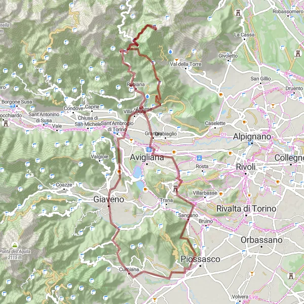 Miniaturekort af cykelinspirationen "Spændende cykeltur gennem skovklædte bjerge i nærheden af Cumiana" i Piemonte, Italy. Genereret af Tarmacs.app cykelruteplanlægger