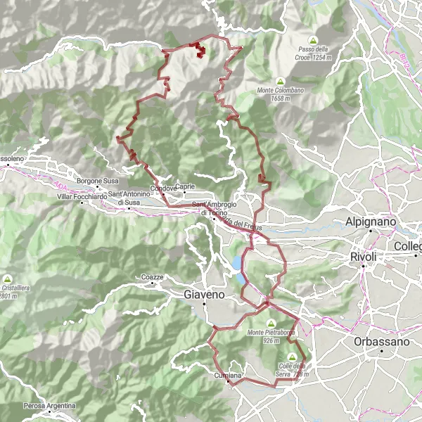 Zemljevid v pomanjšavi "Gravel kolesarska pot okoli Cumiane" kolesarske inspiracije v Piemonte, Italy. Generirano z načrtovalcem kolesarskih poti Tarmacs.app