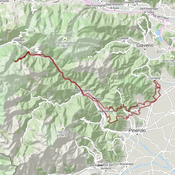 Kartminiatyr av "Grusväg till Roure och Frossasco" cykelinspiration i Piemonte, Italy. Genererad av Tarmacs.app cykelruttplanerare