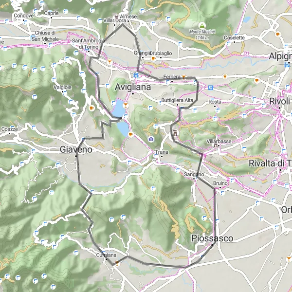 Miniatuurkaart van de fietsinspiratie "Rondrit van Cumiana naar Bruino" in Piemonte, Italy. Gemaakt door de Tarmacs.app fietsrouteplanner