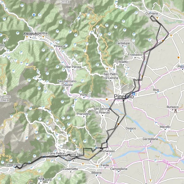 Miniatua del mapa de inspiración ciclista "Ruta de Carretera de Cumiana a Pinerolo" en Piemonte, Italy. Generado por Tarmacs.app planificador de rutas ciclistas