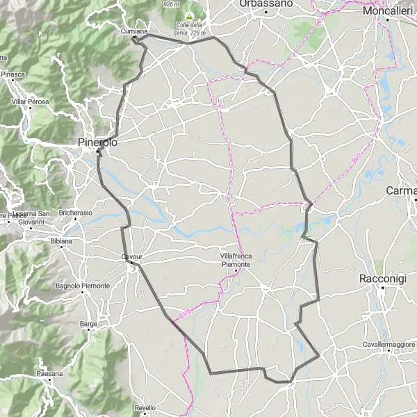Miniature de la carte de l'inspiration cycliste "Route panoramique autour de Cumiana" dans la Piemonte, Italy. Générée par le planificateur d'itinéraire cycliste Tarmacs.app