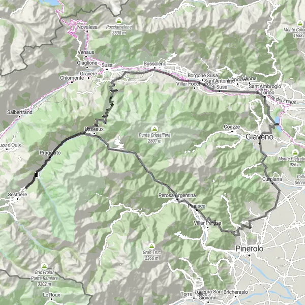 Kartminiatyr av "Utmanande landsvägsäventyr" cykelinspiration i Piemonte, Italy. Genererad av Tarmacs.app cykelruttplanerare