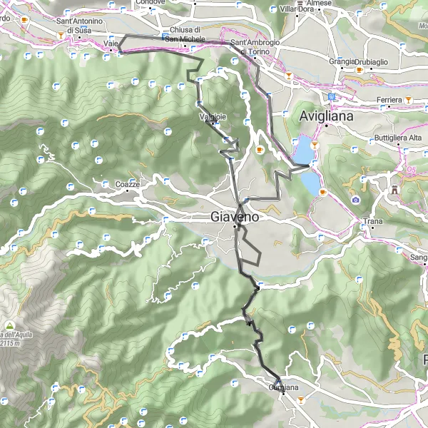 Zemljevid v pomanjšavi "Potovanje po cesti Cumiana - Mont Pirchiriano" kolesarske inspiracije v Piemonte, Italy. Generirano z načrtovalcem kolesarskih poti Tarmacs.app