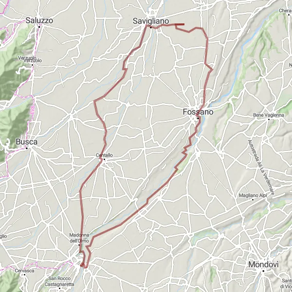 Miniatura della mappa di ispirazione al ciclismo "Tra Cuneo e Fossano" nella regione di Piemonte, Italy. Generata da Tarmacs.app, pianificatore di rotte ciclistiche