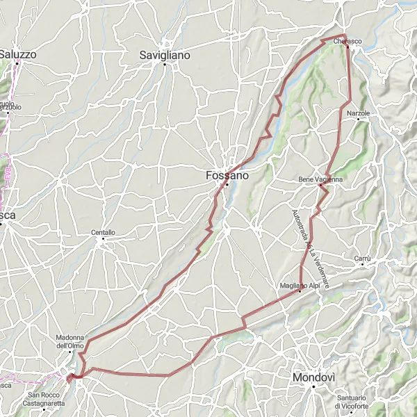 Map miniature of "Cuneo - Ronchi - Roreto - Bene Vagienna - Magliano Alpi - Madonna delle Grazie - Cuneo" cycling inspiration in Piemonte, Italy. Generated by Tarmacs.app cycling route planner