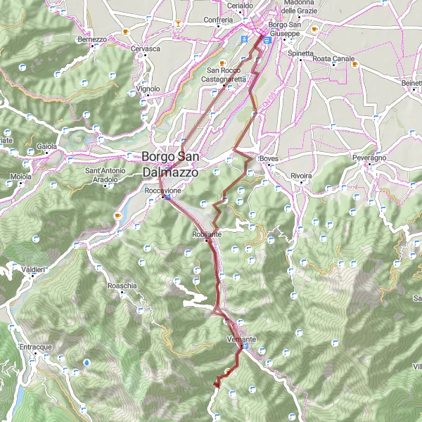 Map miniature of "Vernante Gravel Adventure: Explore the Natural Beauty near Cuneo" cycling inspiration in Piemonte, Italy. Generated by Tarmacs.app cycling route planner