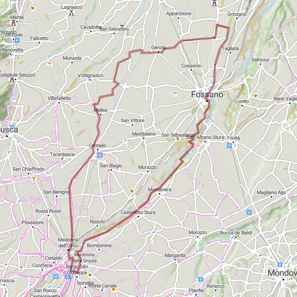 Karttaminiaatyyri "Kiehtova Genola ympäri pyöräilyreitti" pyöräilyinspiraatiosta alueella Piemonte, Italy. Luotu Tarmacs.app pyöräilyreittisuunnittelijalla