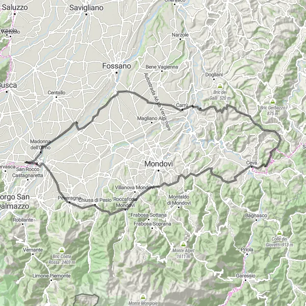 Karttaminiaatyyri "Cuneo - Ronchi - Clavesana - Santuario di Vicoforte - Lurisia - Cuneo" pyöräilyinspiraatiosta alueella Piemonte, Italy. Luotu Tarmacs.app pyöräilyreittisuunnittelijalla