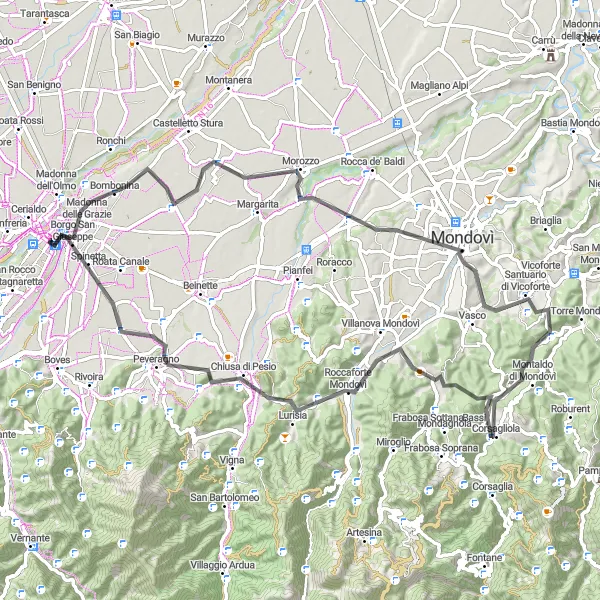 Miniaturní mapa "Road Okolo Cuneo a Vicoforte" inspirace pro cyklisty v oblasti Piemonte, Italy. Vytvořeno pomocí plánovače tras Tarmacs.app