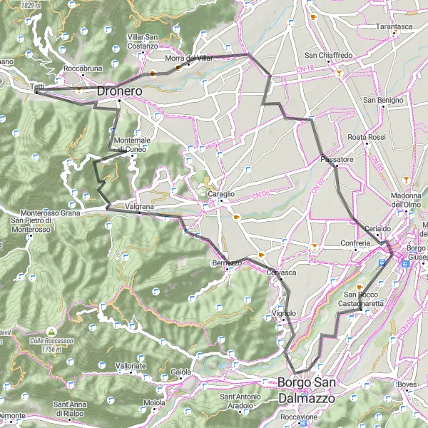 Map miniature of "Cuneo - Vignolo - Bernezzo - Cima Varengo - Morra del Villar - Cuneo" cycling inspiration in Piemonte, Italy. Generated by Tarmacs.app cycling route planner