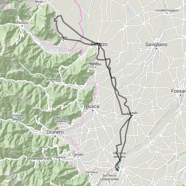 Miniatura della mappa di ispirazione al ciclismo "Circuit of Cerialdo and Centallo" nella regione di Piemonte, Italy. Generata da Tarmacs.app, pianificatore di rotte ciclistiche