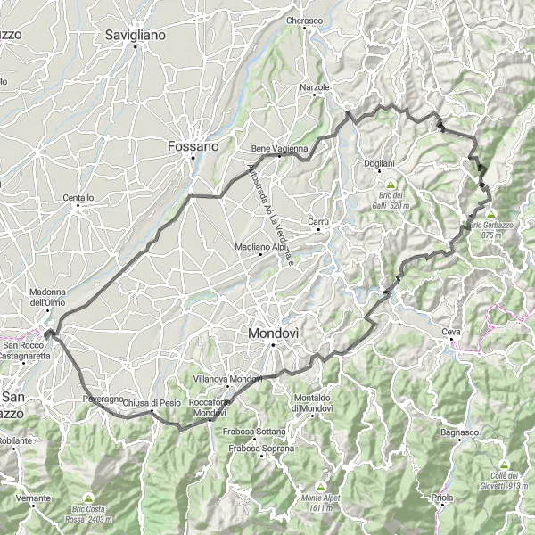 Kartminiatyr av "142 km Road Bike Route with Marsaglia and San Benedetto Belbo" cykelinspiration i Piemonte, Italy. Genererad av Tarmacs.app cykelruttplanerare