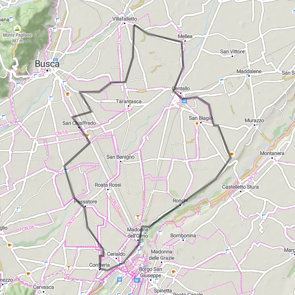 Map miniature of "Cuneo - San Pietro del Gallo - Santa Cristina - Ronchi - Cerialdo" cycling inspiration in Piemonte, Italy. Generated by Tarmacs.app cycling route planner