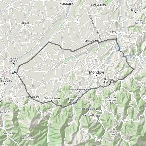 Miniatua del mapa de inspiración ciclista "Ruta de los miradores de Piemonte" en Piemonte, Italy. Generado por Tarmacs.app planificador de rutas ciclistas