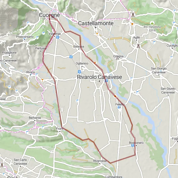 Map miniature of "Cuorgnè - Valperga Gravel Adventure" cycling inspiration in Piemonte, Italy. Generated by Tarmacs.app cycling route planner