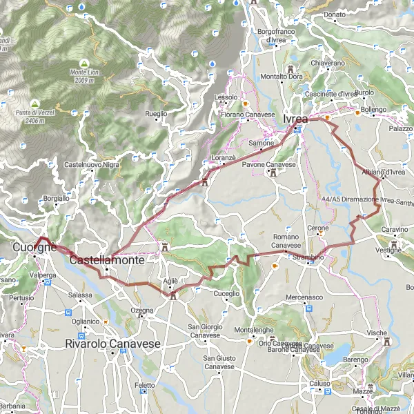 Map miniature of "Cuorgnè - Piova Gravel Adventure" cycling inspiration in Piemonte, Italy. Generated by Tarmacs.app cycling route planner