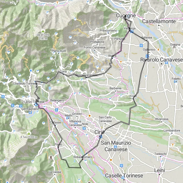 Map miniature of "Cuorgnè to Valperga and back" cycling inspiration in Piemonte, Italy. Generated by Tarmacs.app cycling route planner