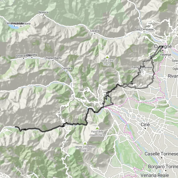 Miniaturní mapa "Významná silniční cyklotrasa kolem Cuorgnè" inspirace pro cyklisty v oblasti Piemonte, Italy. Vytvořeno pomocí plánovače tras Tarmacs.app
