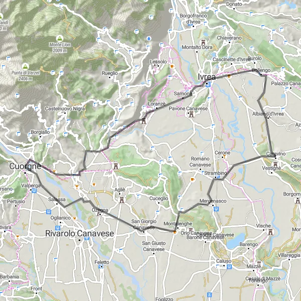 Map miniature of "Cuorgnè to Cuorgnè via Valico di Strambinello" cycling inspiration in Piemonte, Italy. Generated by Tarmacs.app cycling route planner