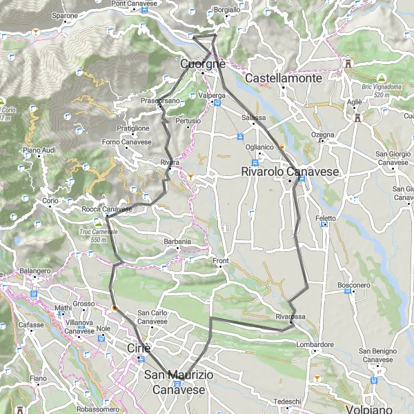 Map miniature of "From Cuorgnè to Rivarolo Canavese" cycling inspiration in Piemonte, Italy. Generated by Tarmacs.app cycling route planner