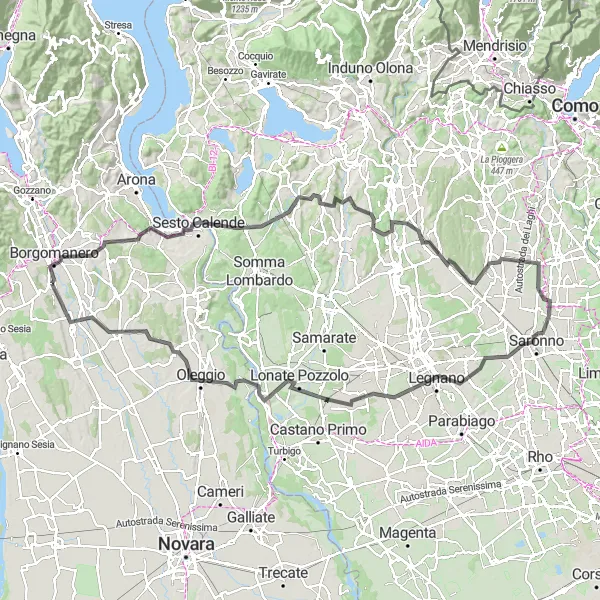 Karttaminiaatyyri "Borgomanero - Legnano - Marzalesco pyöräreitti" pyöräilyinspiraatiosta alueella Piemonte, Italy. Luotu Tarmacs.app pyöräilyreittisuunnittelijalla