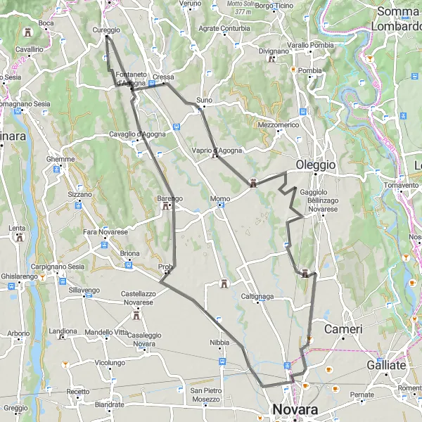 Miniatura della mappa di ispirazione al ciclismo "Tour delle Colline Novaresi" nella regione di Piemonte, Italy. Generata da Tarmacs.app, pianificatore di rotte ciclistiche