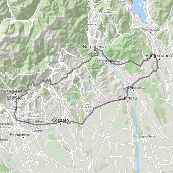 Mapa miniatúra "Výzva na cestách po Piemonte" cyklistická inšpirácia v Piemonte, Italy. Vygenerované cyklistickým plánovačom trás Tarmacs.app