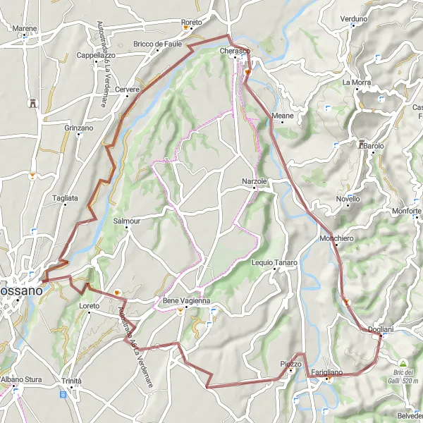 Miniatua del mapa de inspiración ciclista "Ruta de grava pasando por Farigliano, Cervere, Monchiero y Dogliani" en Piemonte, Italy. Generado por Tarmacs.app planificador de rutas ciclistas