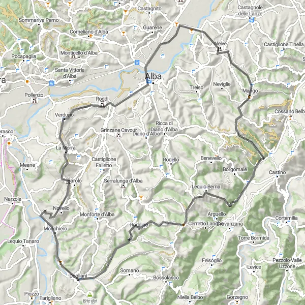 Miniatua del mapa de inspiración ciclista "Ruta de Ciclismo de Carretera Dogliani - Monchiero - Neive - Bosia - Dogliani" en Piemonte, Italy. Generado por Tarmacs.app planificador de rutas ciclistas