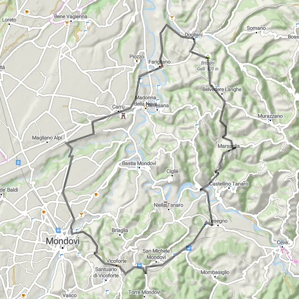 Miniatua del mapa de inspiración ciclista "Ruta de Ciclismo de Carretera Dogliani - Marsaglia - Carrù - Dogliani" en Piemonte, Italy. Generado por Tarmacs.app planificador de rutas ciclistas