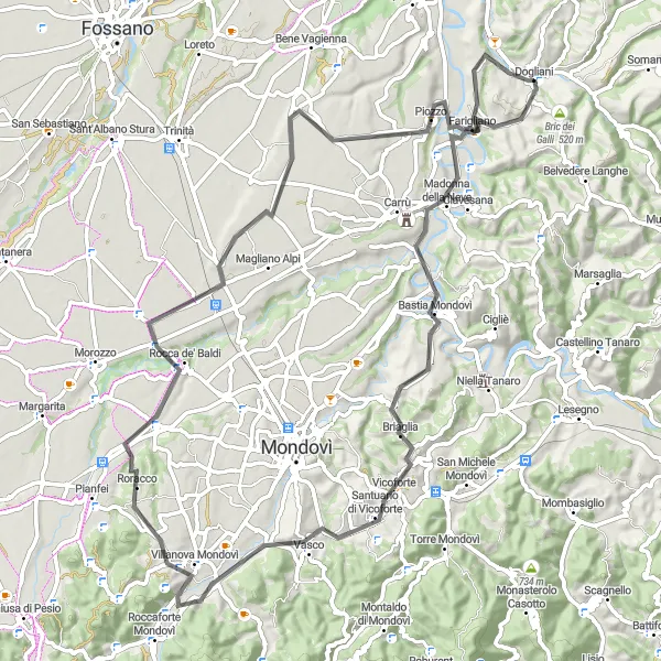 Miniatua del mapa de inspiración ciclista "Ruta escénica pasando por Bastia Mondovì, Costa di S. Matteo, Roracco, Piozzo y Dogliani" en Piemonte, Italy. Generado por Tarmacs.app planificador de rutas ciclistas