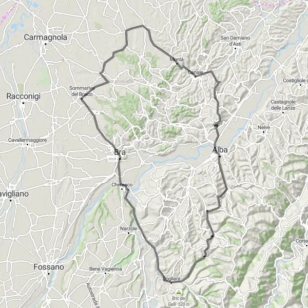 Zemljevid v pomanjšavi "Raznolika pot Monchiero - Dogliani" kolesarske inspiracije v Piemonte, Italy. Generirano z načrtovalcem kolesarskih poti Tarmacs.app